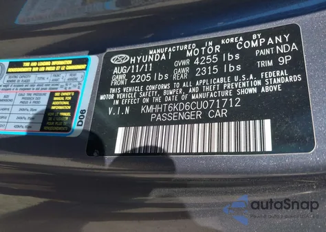 2012 Hyundai Genesis 2.0T z USA, uszkodzony, nr VIN KMHHT6KD6CU071712